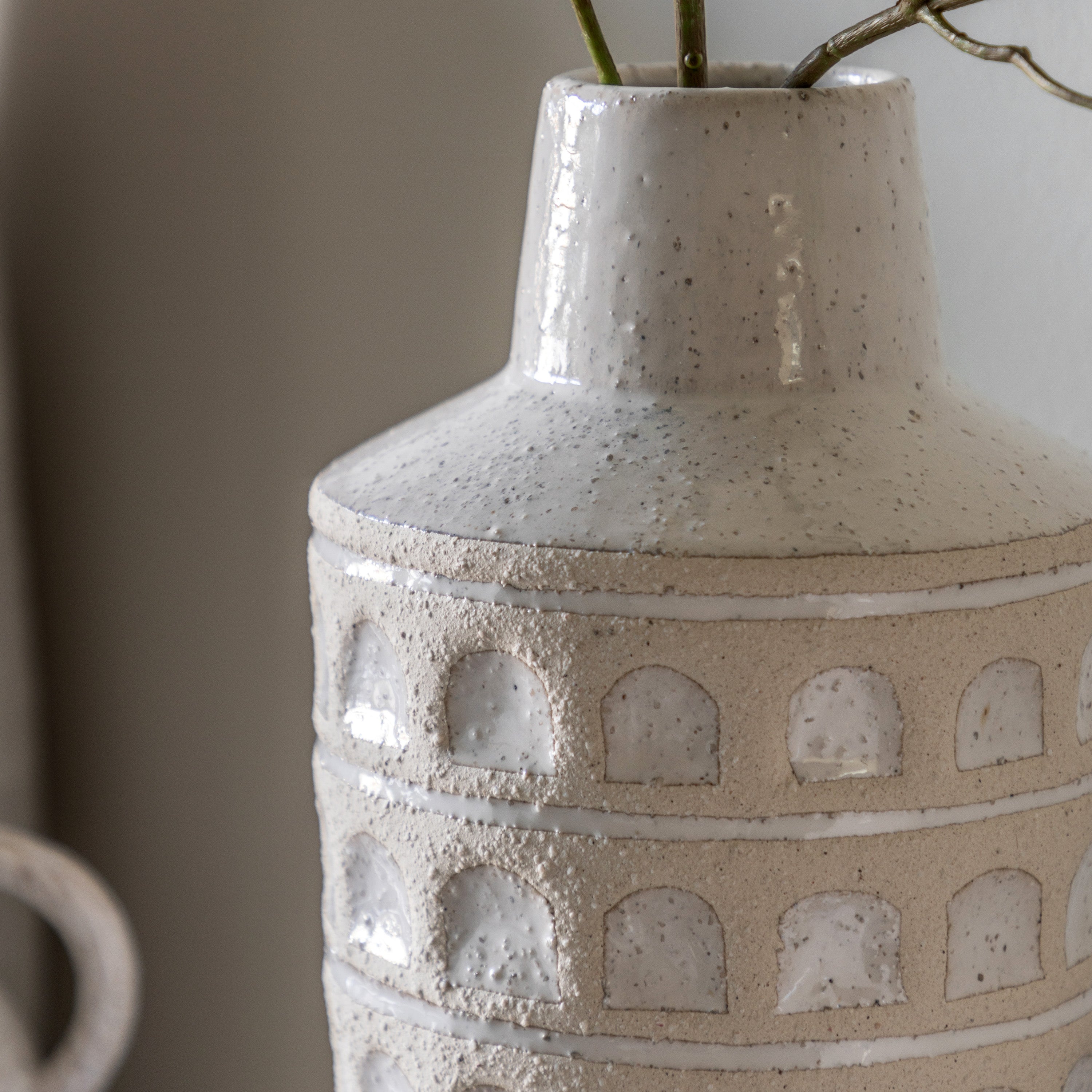 Azalea Glazed White Graphic Ceramic Vase